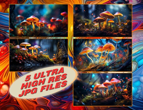 Illumed-Shrooms - a mesmerizing digital image that brings to life a captivating scene of mushrooms illuminated by colored lights.