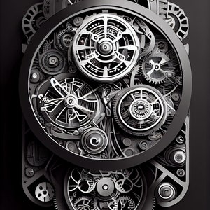 以下が含まれることがあります： 複雑な歯車と車輪を持つ複雑な機械式時計の仕組みのクローズアップ。時計の仕組みは金属製で、黒い背景になっています。