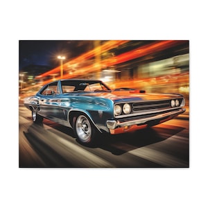 May include: A blue and orange classic muscle car speeding down a city street at night. The car's headlights are on and the streetlights are reflecting off the car's chrome.