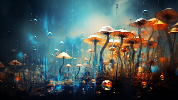 Mystic Mushrooms - a captivating digital image that immerses you in a mesmerizing nightscape adorned with an abundance of mushrooms