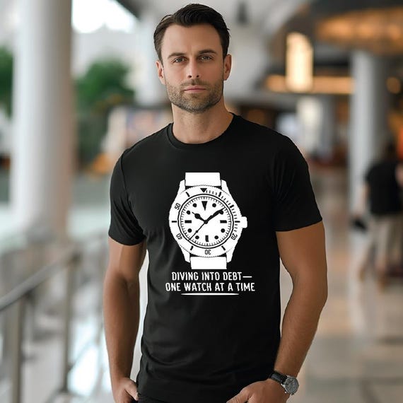 Diving Into Debt Tee | Classic Diver Watch Graphic T-Shirt for Watch Collectors | Humorous Gift Idea
