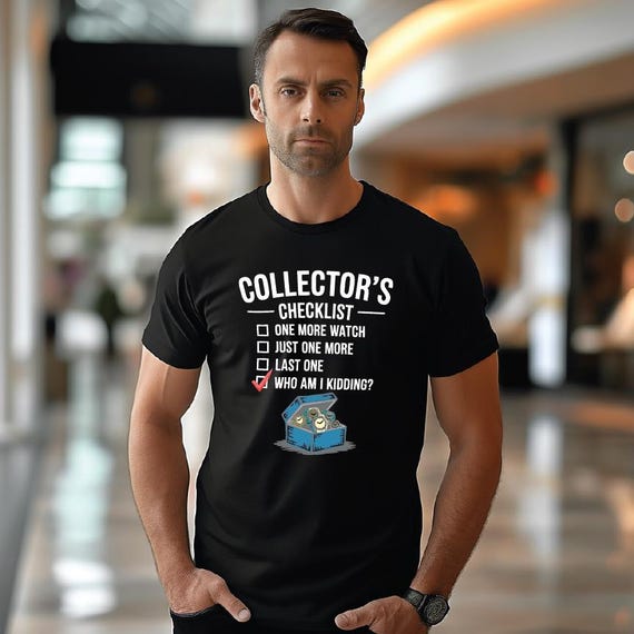 Funny Watch Collector Checklist T-Shirt – Humorous Graphic Design for Watch Enthusiasts, Retro Timepiece Box Art