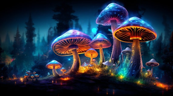 Luminescent Fungi - a captivating digital image that immerses you in a mesmerizing nightscape adorned with an abundance of mushrooms