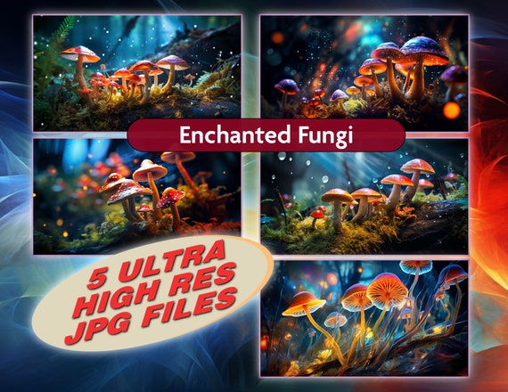 Enchanted Fungi - a mesmerizing digital image that brings to life a captivating scene of mushrooms illuminated by colored lights.