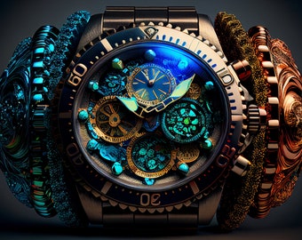 Horology Watch Graphic | Watch Collectors Gift | High-Resolution Printable | Colorful Fantasy Realism | Dark Gold Azure | Digital File