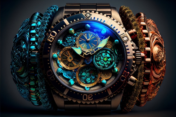 Horology Watch Graphic | Watch Collectors Gift | High-Resolution Printable | Colorful Fantasy Realism | Dark Gold Azure | Digital File