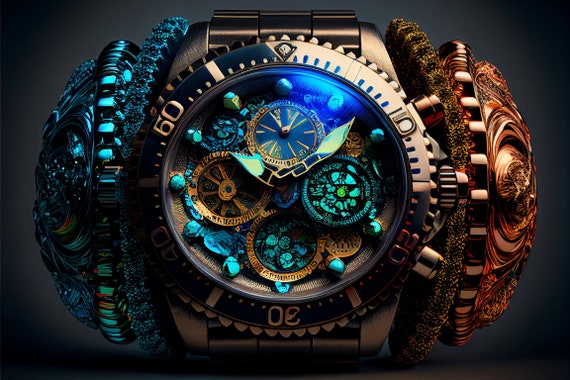 Horology Watch Graphic | Watch Collectors Gift | High-Resolution Printable | Colorful Fantasy Realism | Dark Gold Azure | Digital File