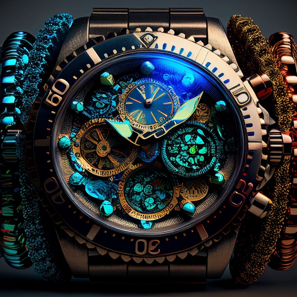 Horology Watch Graphic | Watch Collectors Gift | High-Resolution Printable | Colorful Fantasy Realism | Dark Gold Azure | Digital File