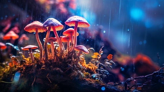 Mushroom Magic - a captivating digital image that immerses you in a mesmerizing nightscape adorned with an abundance of mushrooms