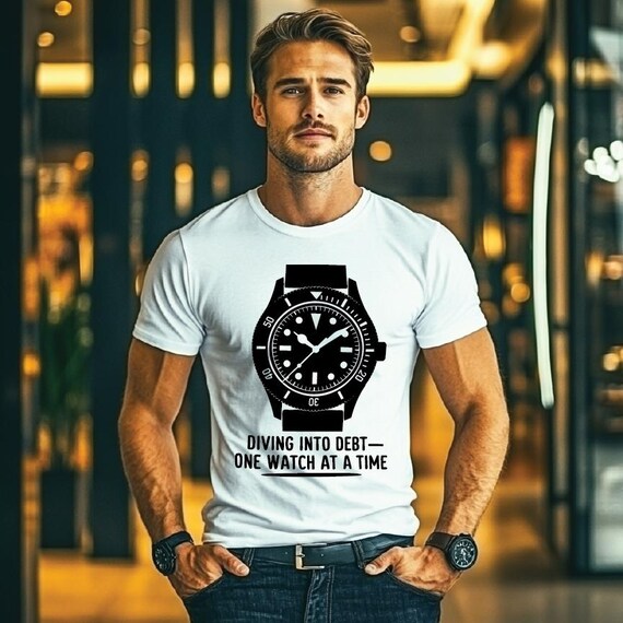 Classic Diver Watch Graphic Tee, Humorous "Diving Into Debt" Design for Watch Collectors