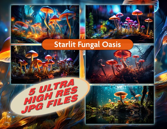 Starlit Fungal Oasis - a captivating digital image that immerses you in a mesmerizing nightscape adorned with an abundance of mushrooms