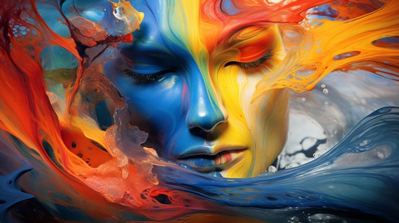 Aqua Muse - a captivating digital image that showcases a woman's head adorned with flowing watercolor paint. Dark azure and amber colors.