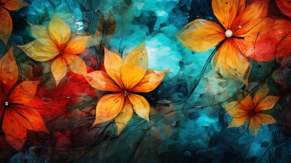 Blooming Harmony, a stunning digital image that shows a mesmerizing flower painting featuring orange and blue flowers immersed in blue water