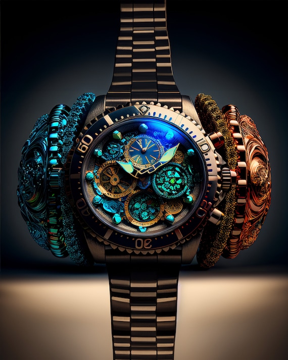 Horology Watch Graphic | Watch Collectors Gift | High-Resolution Printable | Colorful Fantasy Realism | Dark Gold Azure | Digital File