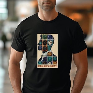 May include: A black t-shirt with a vintage-style graphic of a man's silhouette with various watch faces inside his head. The graphic has the text "HOROLOGICAL DREAMS" at the bottom.