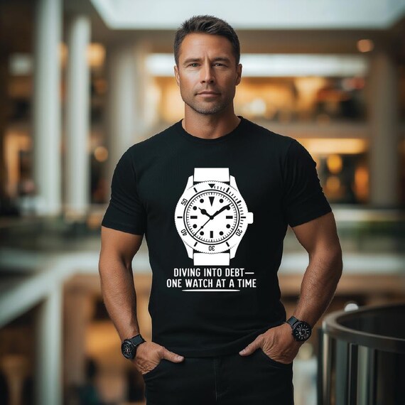 Diving Into Debt Tee | Classic Diver Watch Graphic T-Shirt for Watch Collectors | Humorous Gift Idea