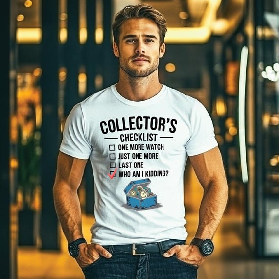 Funny Watch Collector Checklist T-Shirt – Humorous Graphic Design for Watch Enthusiasts, Retro Timepiece Box Art