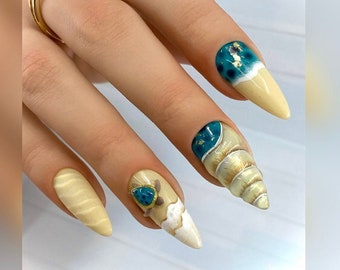 Press on Summer Nails / Beach Vacation Cruise Nails/ Turquoise Tortoises Nails / Elegant Beach Nails/SeaShells