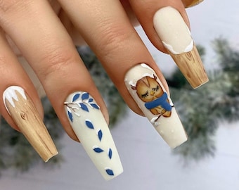 Owl in Snow /Winter Nails/Holiday Press on Nails/ Snow Winter Nails/ Wood Effect /Frozen Leaves/Xmas Nails/ Glue on Nails/ Blue Scarf Nails