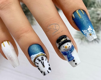 Winter Snowman, Nail Art Press on Nails / New Years eve /Xmas Glue on Nails