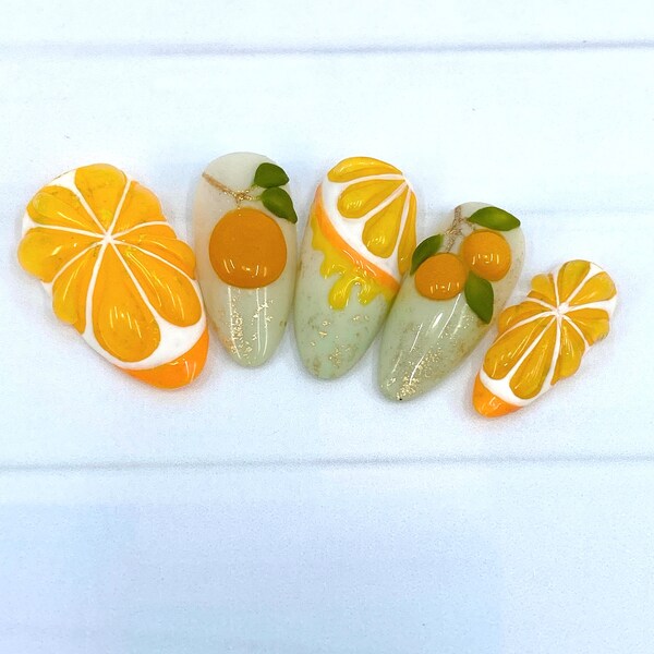 Orange,Tangerine  Fruit Nails /3D Orange /Press on Nails/ Spring Nails/Summer Fruity Nails