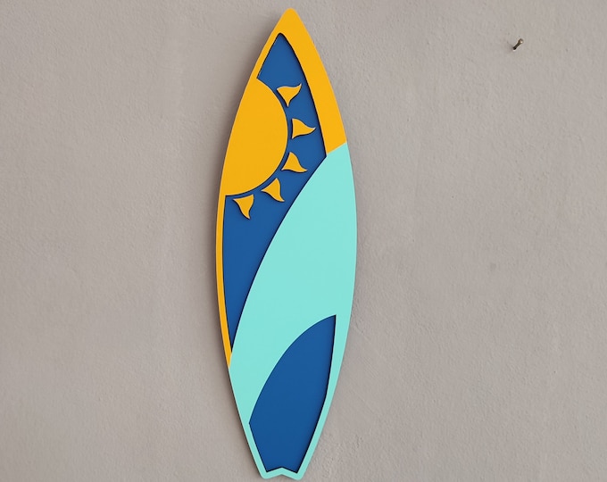 Unique Wooden Surfboard Wall Decor with Sun and Sea Theme - Perfect Choice for Home Decorations and Gifts. Surfboard Wooden Wall Art.