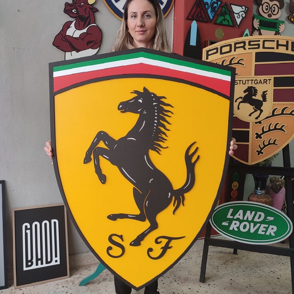 Ferrari Wall Decor, Ferrari S-T Wooden Sign, Ferrari Motor, Ferrari emblem, Vehicle Wall Plaque, Show Room, Car, Cars Showroom Garage.