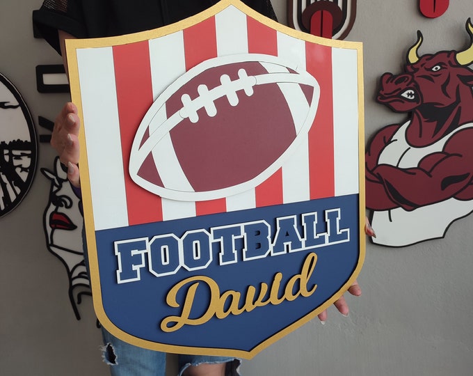 Customizable Wooden American Football Logo Wall Art - Personalize Your Space with Unique Football Decor.