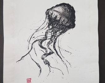 Jellyfish, black ink on chinese paper, Original jellyfish, India ink on rice paper