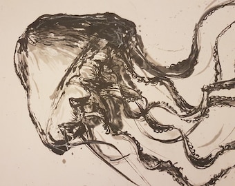 Jellyfish, black ink on chinese paper, Original jellyfish, India ink on rice paper