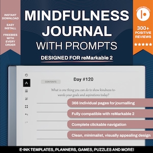 Könnte beinhalten: Ein digitaler Planer für das reMarkable 2 Tablet. Der Planer verfügt über ein minimalistisches Design mit einem hellgrauen Hintergrund und schwarzem Text. Der Text auf dem Bildschirm lautet "Tag #120" und "Was ist eine Sache, die du tun kannst, um Freundlichkeit gegenüber deinen Zielen und Bestrebungen heute zu zeigen?" Der Planer enthält 366 einzelne Seiten zum Journaling, ist vollständig kompatibel mit dem reMarkable 2 und verfügt über eine vollständige klickbare Navigation.