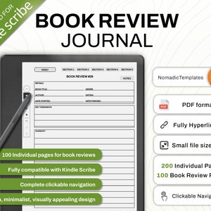 May include: A black and white image of a Kindle Scribe e-reader displaying a book review journal template. The template includes sections for book title, author, genre, rating, date started, date finished, key takeaways, and summary. The text "BOOK REVIEW #29" is visible at the top of the template. The image also includes text highlighting the features of the journal, such as "100 Individual pages for book reviews", "Fully compatible with Kindle Scribe", "Complete clickable navigation", and "Clean, minimalist, visually appealing design".