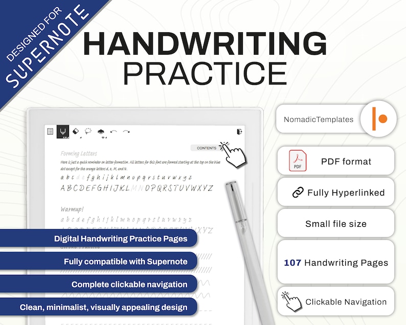 Supernote compatible handwriting practice template with PDF format and hyperlinks for easy learning.
