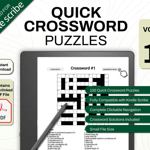 Kindle Scribe Crosswords Volume 1 | Games and Puzzles | Clickable PDF Template | Digital Download | With Hyperlinks | For e-ink tablet