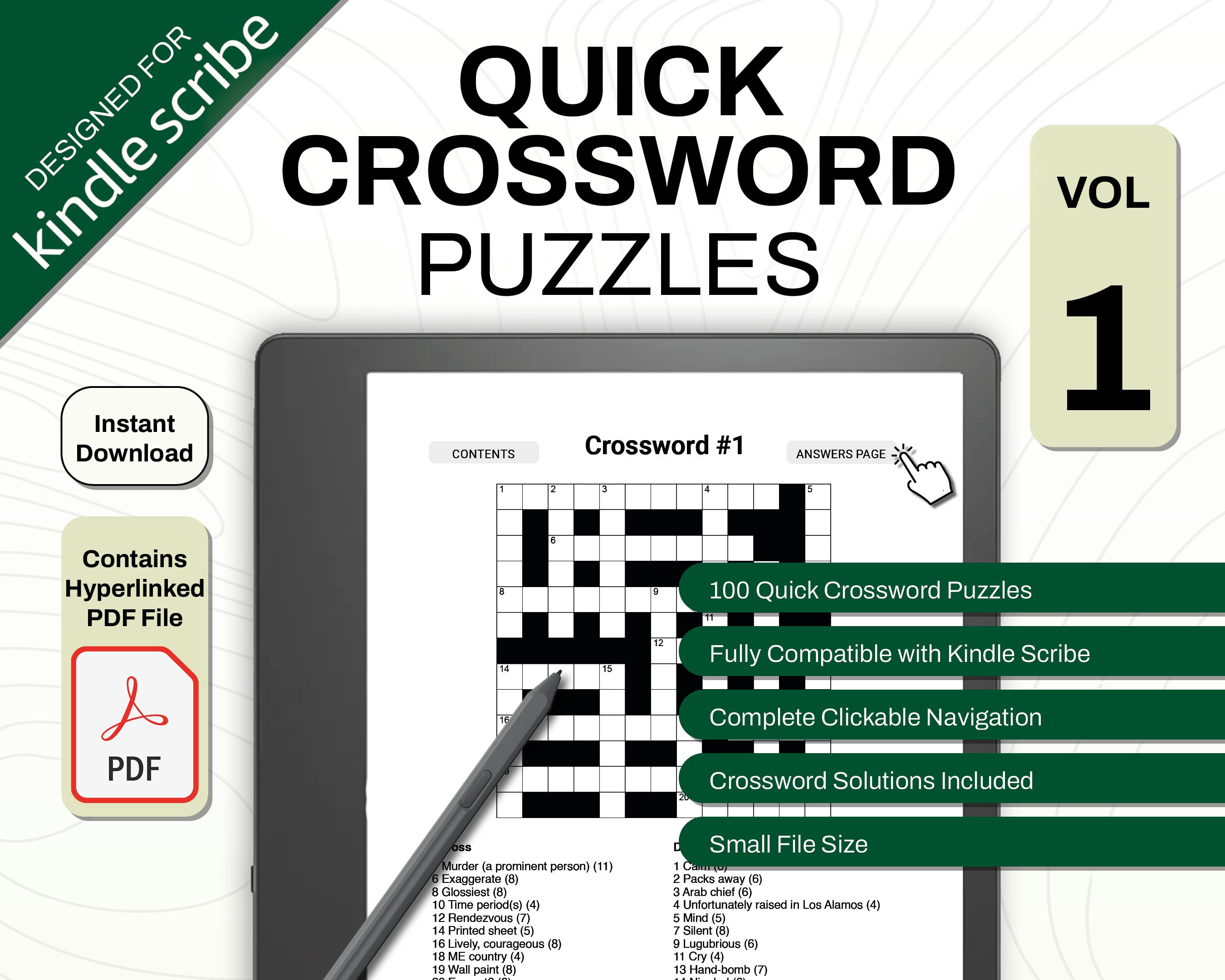 Kindle Scribe Crosswords Volume 1 Games And Puzzles Clickable PDF 
