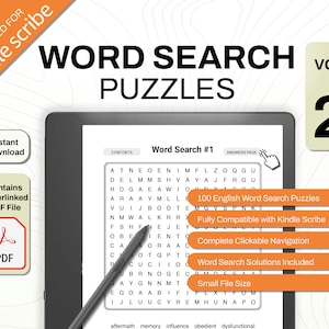 以下が含まれることがあります： Kindle Scribe 用のデジタル単語検索パズルブック、Volume 2。画像には、単語検索パズルを表示するタブレットが表示され、「WORD SEARCH PUZZLES」と「100 English Word Search Puzzles」というテキストが表示されます。 PDFファイルが含まれています。