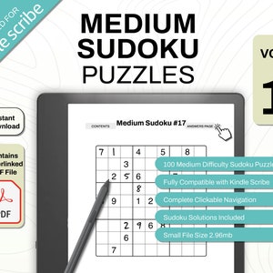 以下が含まれることがあります： Kindle Scribe電子書籍リーダーに、中級レベルの難易度を持つ数独パズル本のデジタル版が表示されています。この本には100個のパズルと解答が含まれており、Kindle Scribeと互換性があり、クリック可能なナビゲーション機能を備えています。