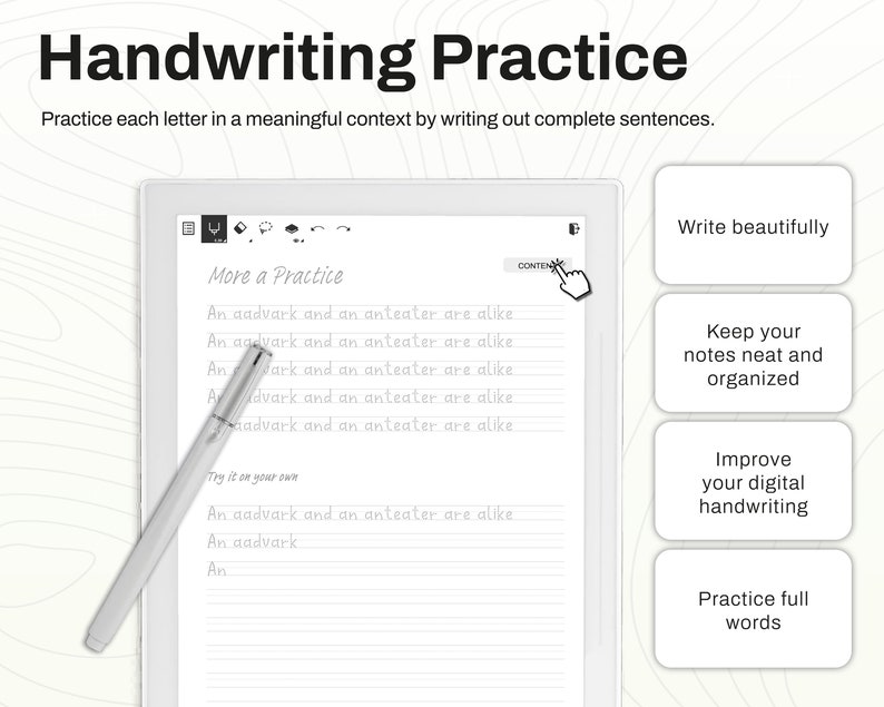 Letter formation guide for Supernote with 4 pages per letter, ensuring thorough handwriting practice.