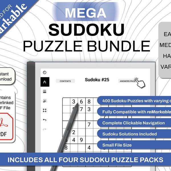 MEGA reMarkable Sudoku Bundle Easy - Medium - Hard | Games and Puzzles | PDF Template with Hyperlinks | Digital Download | e-ink tablet