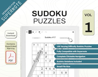 Supernote Sudoku Puzzle Collection Vol.1: Challenging Brain Games, Hyperlinked PDF, Instant Digital Download for e-Ink Tablets