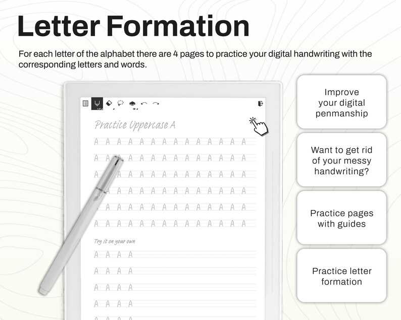 Sample handwriting practice page for Supernote, featuring full sentences for context-based learning.