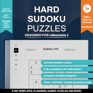 以下が含まれることがあります： 「Sudoku #59」というタイトルの Sudoku を表示するデジタル画面。画面は、グレーのフレームが付いたタブレット上にあります。このパズルは、reMarkable 2 タブレット用に設計された 100 個の難しい Sudoku パズルセットの一部です。画面には、「reMarkable 2 と完全に互換性があります」というテキストが表示されています。