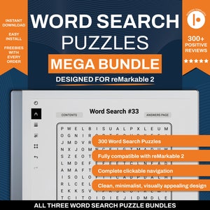 May include: A digital word search puzzle on a white background with the text "Word Search #33" and "300 Word Search Puzzles". The puzzle is designed for the reMarkable 2 tablet.