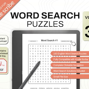 以下が含まれることがあります： Kindle Scribe 用のデジタル単語検索パズルブック、Volume 3。表紙には「Word Search Puzzles」のタイトルと数字の「3」が表示されています。画面には、スタイラス付きの単語検索パズルが表示されています。100個の英語パズル、クリック可能なナビゲーション、ソリューションが含まれています。