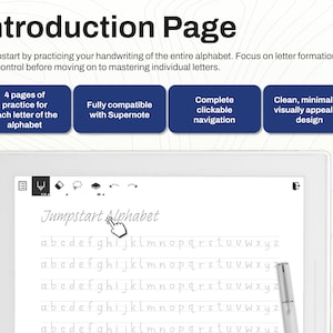 Introduction page of a handwriting practice PDF for Supernote, highlighting letter formation with clickable navigation.
