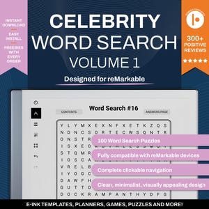 以下が含まれることがあります： reMarkable タブレット用のデジタル単語検索パズル。パズルは「Celebrity Word Search」というタイトルで、100 個の単語を見つけることができます。このパズルは reMarkable デバイスと完全に互換性があり、完全なクリック可能なナビゲーションを備えています。デザインはクリーンでミニマルで、視覚的に魅力的です。