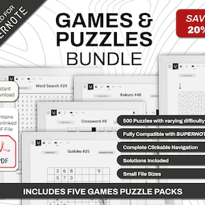 May include: A black and white image showcasing a bundle of five different game and puzzle packs designed for Supernote. The image includes a word search, kakuro, maze, crossword, and sudoku puzzle. The text "500 Puzzles with varying difficulty" and "Fully Compatible with SUPERNOTE" is visible in the image.