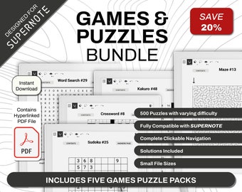 Supernote Games and Puzzle Bundle | Word Search, Sudoku, Mazes, Crossword, Kakuro | Clickable PDF Template | Digital Download