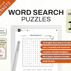 Op de afbeelding: Digitaal woordzoekpuzzelboek voor Supernote, Volume 1. De afbeelding toont een tablet met een woordzoekpuzzel, een stylus en een PDF-pictogram. Bevat 100 Engelse woordzoekpuzzels met klikbare navigatie en oplossingen.
