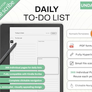 May include: A digital daily to-do list template for Kindle Scribe. The undated template features a clean, minimalist design with sections for daily tasks and goals. Includes 366 individual pages, fully hyperlinked, and a small file size.